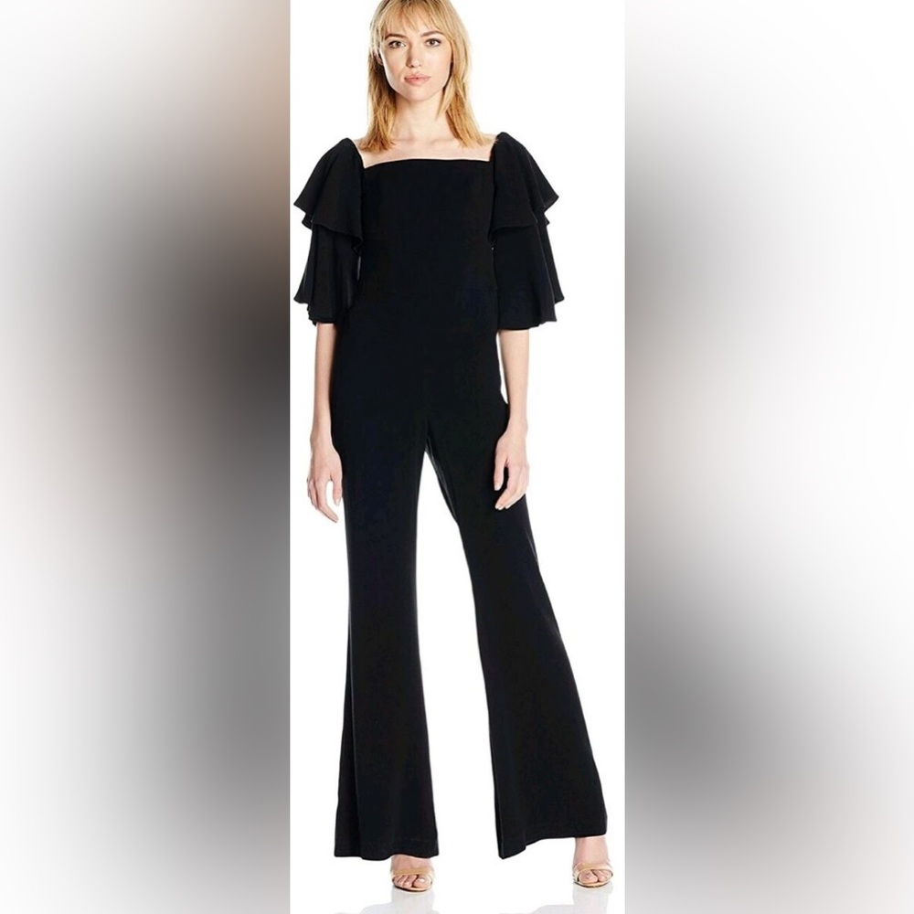 Nicole Miller Black Satin Back Crepe Ruffle Jumpsuit